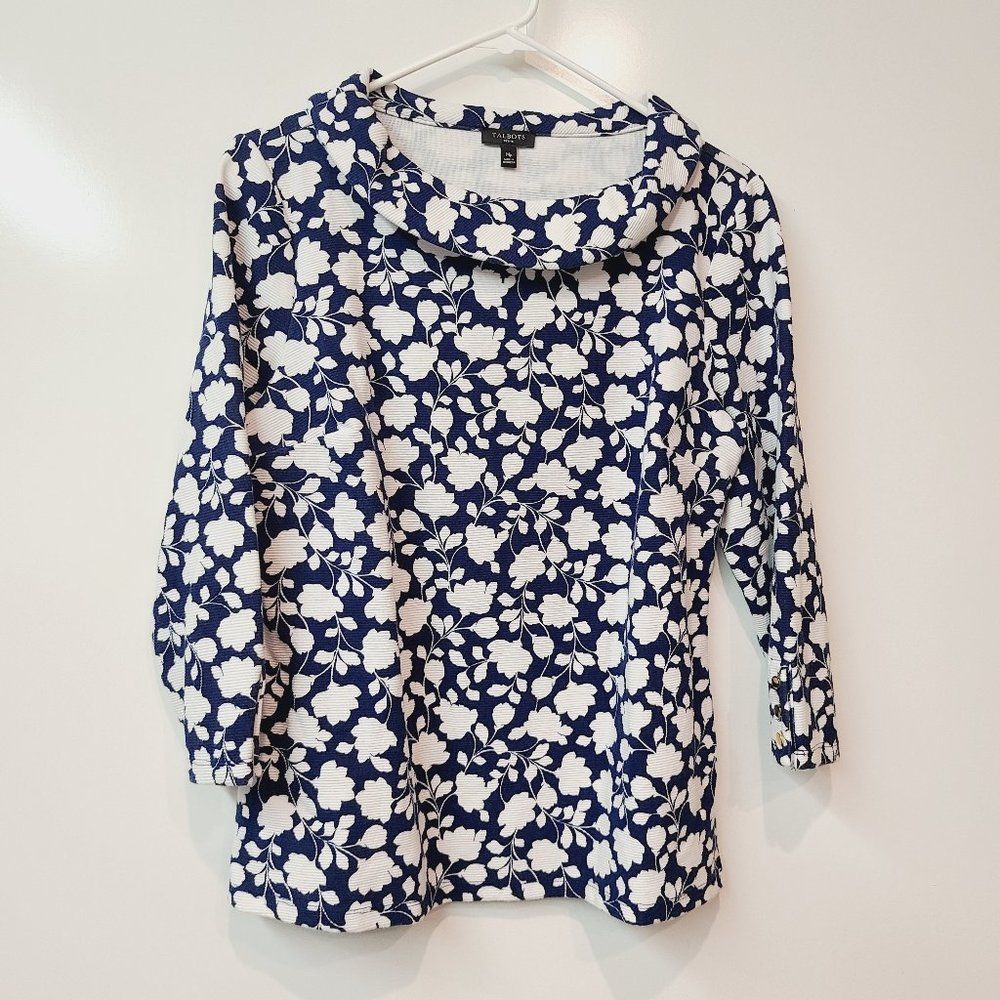 Talbots Shirt Blue Floral Blouse Womens Medium Petite